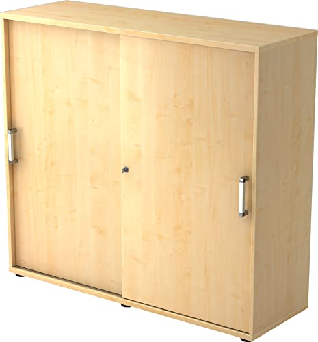 bümö Schiebetürenschrank 3OH - Aktenschrank abschließbar, Sideboard Schrank mit Schiebetüren in Ahorn - Büroschrank aus Holz mit Schiebetür, Büro Kommode für Ordner & Co. von bümö