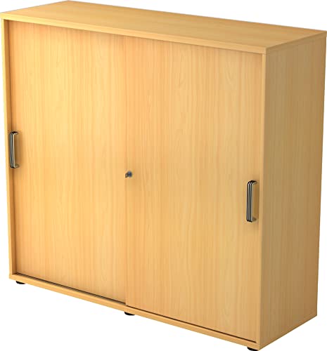 bümö Schiebetürenschrank 3OH - Aktenschrank abschließbar, Sideboard Schrank mit Schiebetüren in Buche - Büroschrank aus Holz mit Schiebetür, Büro Kommode für Ordner & Co. von bümö