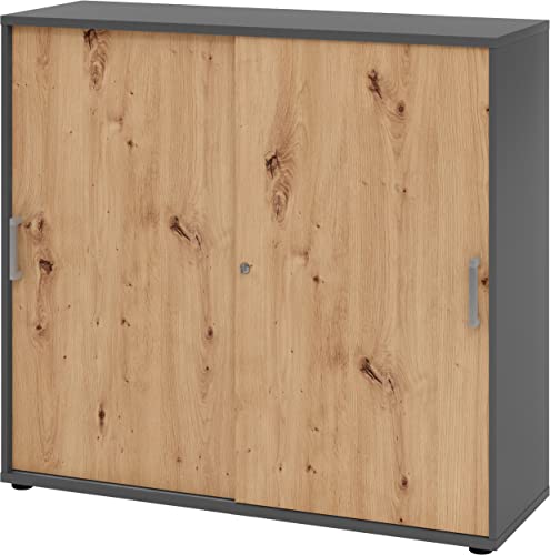 bümö Schiebetürenschrank 3OH - Aktenschrank abschließbar, Sideboard Schrank mit Schiebetüren in Graphit/Asteiche - Büroschrank aus Holz mit Schiebetür, Büro Kommode für Ordner & Co. von bümö