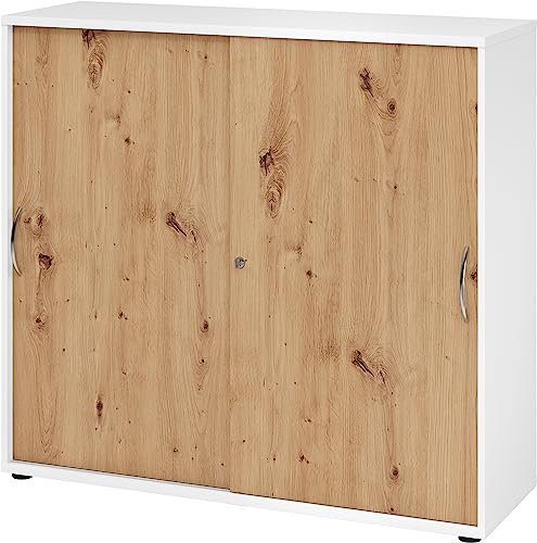 bümö Schiebetürenschrank 3OH - Aktenschrank abschließbar, Sideboard Schrank mit Schiebetüren in Weiß/Asteiche - Büroschrank aus Holz mit Schiebetür, Büro Kommode für Ordner & Co. von bümö