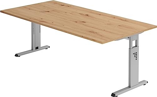 Bümö höhenverstellbarer Schreibtisch O-Serie 200x100 cm in Asteiche, Gestell in Silber - großer PC Tisch für's Büro manuell höhenverstellbar, Computertisch verstellbar von bümö