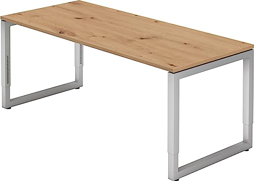 Bümö höhenverstellbarer Schreibtisch R-Serie 180x80 cm in Asteiche, Gestell in Silber - großer PC Tisch für's Büro manuell höhenverstellbar, Computertisch verstellbar von bümö