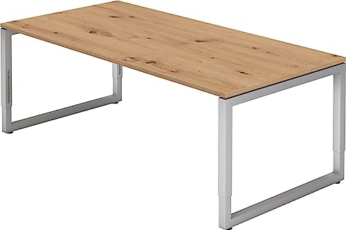 Bümö höhenverstellbarer Schreibtisch R-Serie 200x100 cm in Asteiche, Gestell in Silber - großer PC Tisch für's Büro manuell höhenverstellbar, Computertisch verstellbar von bümö