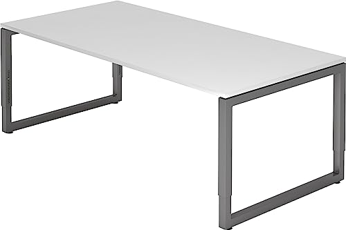 bümö höhenverstellbarer Schreibtisch R-Serie 200x100 cm in weiß, Gestell in Graphit - großer PC Tisch für's Büro manuell höhenverstellbar, Computertisch verstellbar von bümö