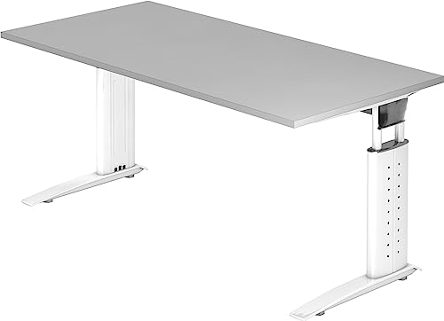Bümö höhenverstellbarer Schreibtisch U-Serie 160x80 grau, Gestell in weiß - PC Tisch für's Büro manuell höhenverstellbar, Computertisch verstellbar von bümö