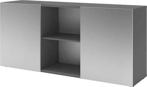 bümö Schwebetürenschrank, Sideboard Graphit/Silber - Büromöbel Sideboard Holz 160cm breit, 42cm schmal, Büro Schrank mit Schwebetür für Flur oder als Wohnzimmer-Kommode von bümö