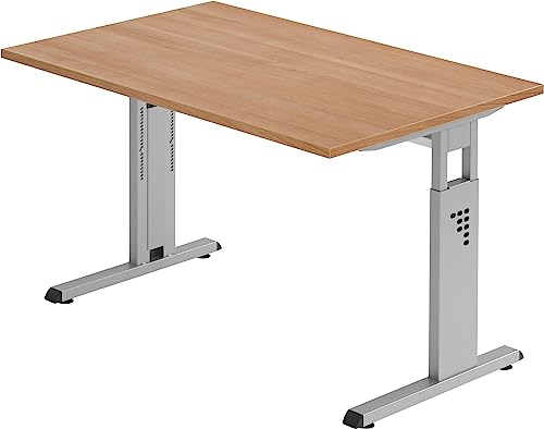 Bümö höhenverstellbarer Schreibtisch O-Serie 120x80 cm in Nussbaum, Gestell in Silber - PC Tisch klein für's Büro manuell höhenverstellbar, Computertisch verstellbar von bümö