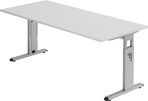 Bümö höhenverstellbarer Schreibtisch O-Serie 180x80 cm in grau, Gestell in Silber - großer PC Tisch für's Büro manuell höhenverstellbar, Computertisch verstellbar von bümö