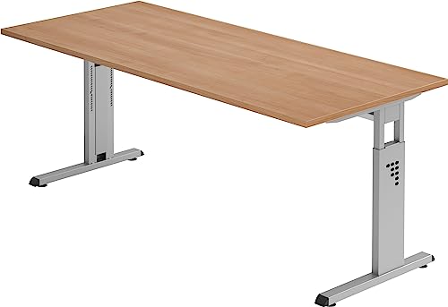 Bümö höhenverstellbarer Schreibtisch O-Serie 180x80 cm in Nussbaum, Gestell in Silber - großer PC Tisch für's Büro manuell höhenverstellbar, Computertisch verstellbar von bümö