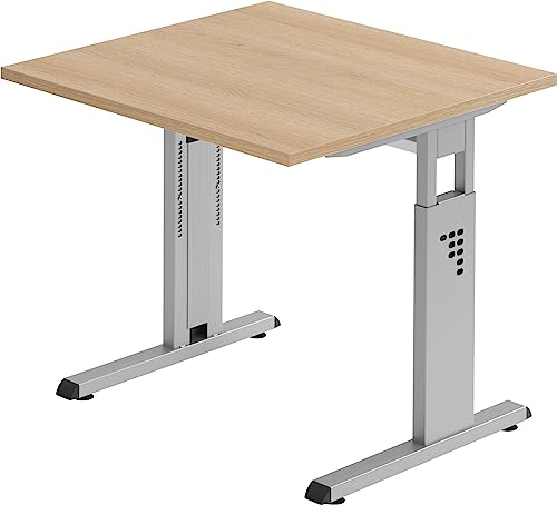 Bümö höhenverstellbarer Schreibtisch O-Serie 80x80 cm in Eiche, Gestell in Silber - PC Tisch klein für's Büro manuell höhenverstellbar, Computertisch verstellbar von bümö