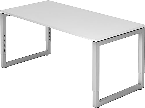 Bümö höhenverstellbarer Schreibtisch R-Serie 160x80 cm in weiß, Gestell in Silber - PC Tisch für's Büro manuell höhenverstellbar, Computertisch verstellbar von bümö