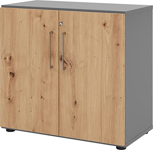 bümö Aktenschrank abschließbar, Büroschrank Holz 80cm breit in Graphit/Asteiche - abschließbarer Schrank mit Aktenregal für's Büro & Arbeitszimmer, Büro Möbel Ordnerschrank mit Schloss von bümö