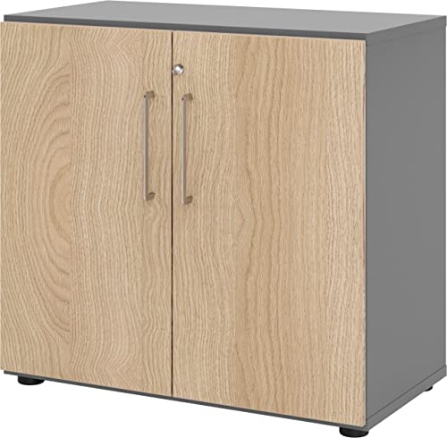 bümö Aktenschrank abschließbar, Büroschrank Holz 80cm breit in Graphit/Eiche - abschließbarer Schrank mit Aktenregal für's Büro & Arbeitszimmer, Büro Möbel Ordnerschrank mit Schloss von bümö