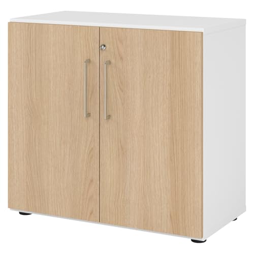 bümö Aktenschrank abschließbar, Büroschrank Holz 80cm breit in Weiß/Eiche - abschließbarer Schrank mit Aktenregal für's Büro & Arbeitszimmer, Büro Möbel Ordnerschrank mit Schloss von bümö