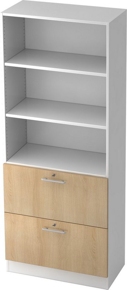 bümö Aktenschrank office Hängeregister Kombi - 2 Schübe Dekor: Weiß/Eiche - Griffe: Relinggriff (Kunststoff) von bümö