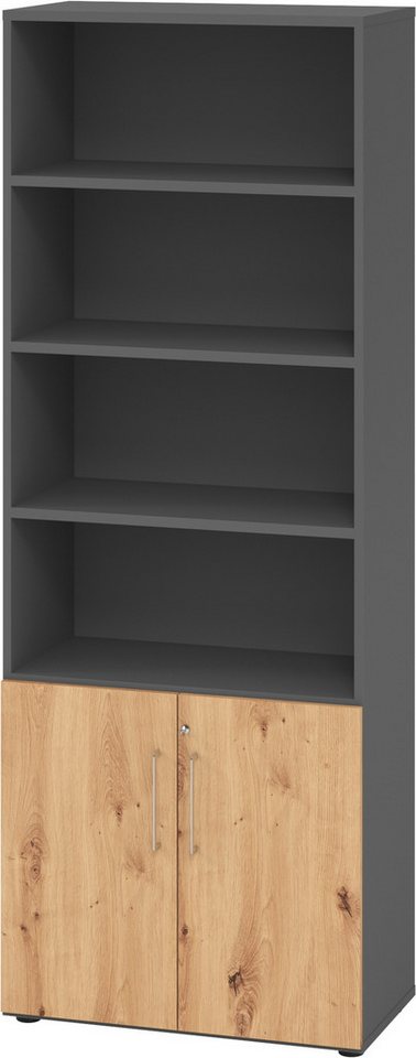 bümö Aktenschrank smart Kombischrank - 2 plus 4 Ordnerhöhen Dekor: Graphit/Asteiche von bümö