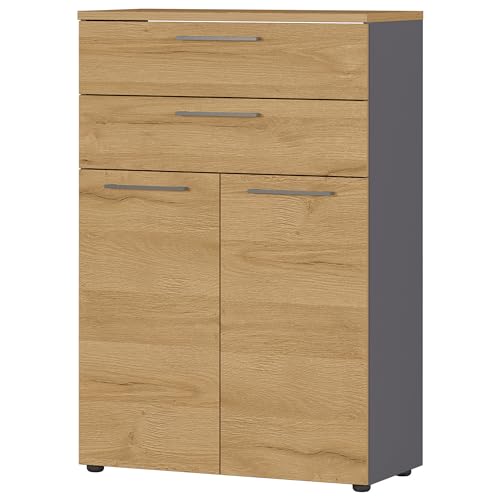 bümö Andratx Mehrzweckschrank 80cm breit, Büroschrank mit 2 Schubladen, Aktenschrank klein, Schrank mit Regal, Kommode in Graphit-Eiche aus Holz, Sideboard mit Metallgriffen von bümö