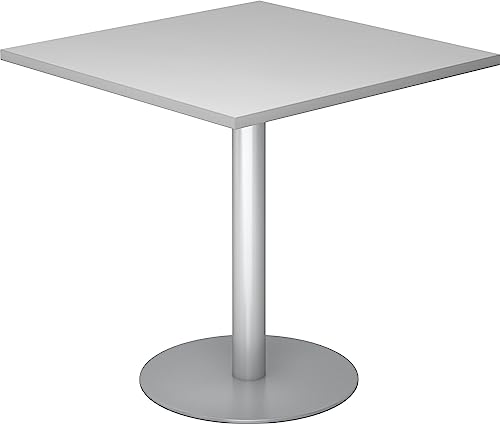 bümö Besprechungstisch, Esstisch klein, Tisch eckig 80x80 cm - Kleiner Esstisch grau, Rundtisch Esstisch 2 Personen mit Holz-Platte, Säule aus Metall in Silber, Konferenztisch, Bistrotisch von bümö