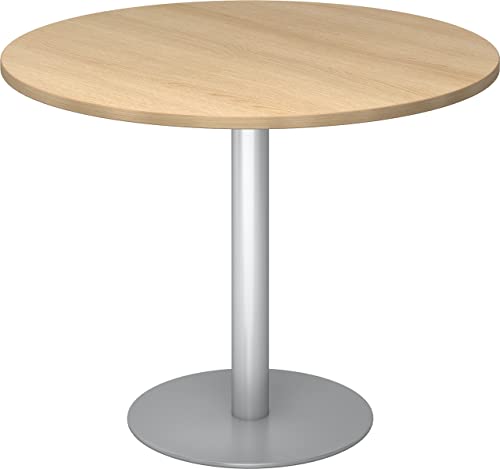 bümö Besprechungstisch, Esstisch klein, Tisch rund 100 cm - Kleiner Esstisch Eiche, Rundtisch Esstisch 2 Personen mit Holz-Platte, Säule aus Metall in Silber, Konferenztisch, Bistrotisch von bümö