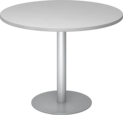 bümö Besprechungstisch, Esstisch klein, Tisch rund 100 cm - Kleiner Esstisch grau, Rundtisch Esstisch 2 Personen mit Holz-Platte, Säule aus Metall in Silber, Konferenztisch, Bistrotisch von bümö