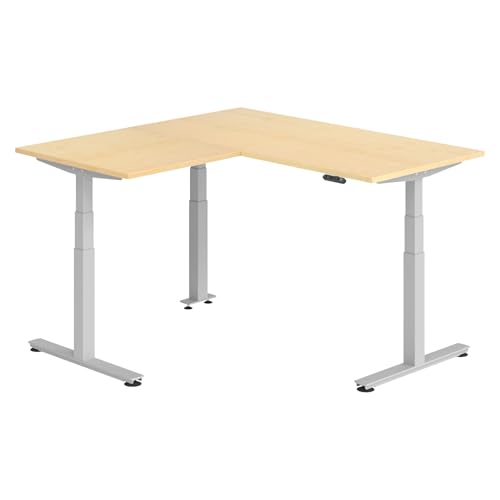 bümö Eckschreibtisch elektrisch höhenverstellbar L-Form: 160 x 160 cm in Ahorn, Gestell Silber - Stehschreibtisch mit Memory-Steuerung, elektrischer XXL Schreibtisch für die Ecke von bümö
