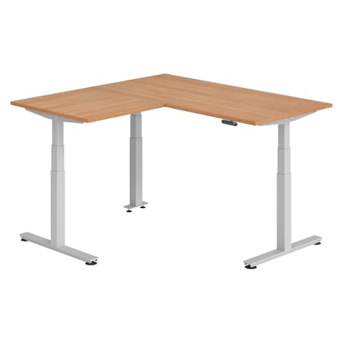 bümö Eckschreibtisch elektrisch höhenverstellbar L-Form: 160 x 160 cm in Nussbaum, Gestell Silber - Stehschreibtisch mit Memory-Steuerung, elektrischer XXL Schreibtisch für die Ecke von bümö