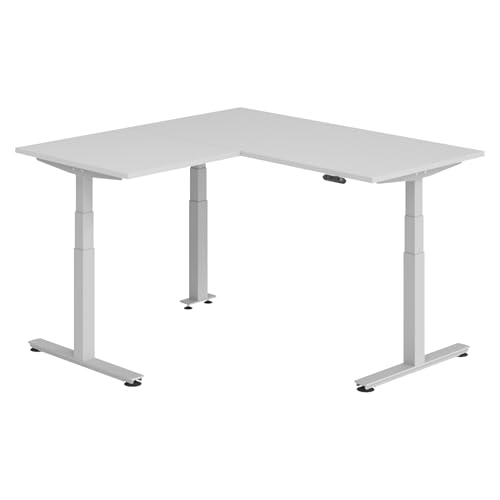 bümö Eckschreibtisch elektrisch höhenverstellbar L-Form: 160 x 160 cm in grau, Gestell Silber - Stehschreibtisch mit Memory-Steuerung, elektrischer XXL Schreibtisch für die Ecke von bümö
