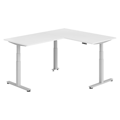 bümö Eckschreibtisch elektrisch höhenverstellbar L-Form: 160 x 200 cm in weiß, Gestell Silber - Stehschreibtisch mit Memory-Steuerung, elektrischer XXL Schreibtisch für die Ecke von bümö