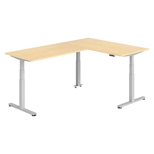 bümö Eckschreibtisch elektrisch höhenverstellbar L-Form: 160 x 240 cm in Ahorn, Gestell Silber - Stehschreibtisch mit Memory-Steuerung, elektrischer XXL Schreibtisch für die Ecke von bümö