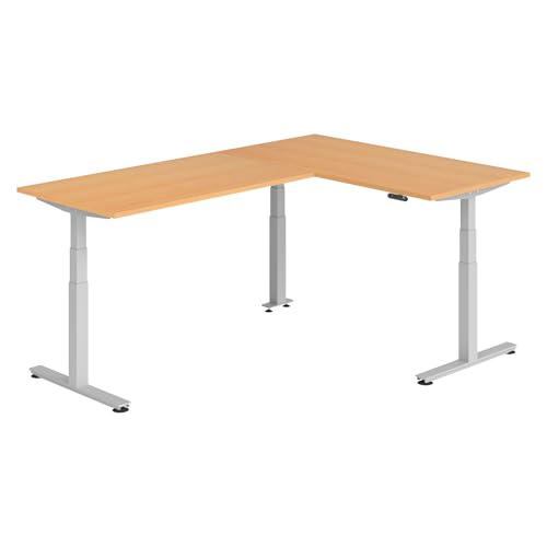 bümö Eckschreibtisch elektrisch höhenverstellbar L-Form: 160 x 240 cm in Buche, Gestell Silber - Stehschreibtisch mit Memory-Steuerung, elektrischer XXL Schreibtisch für die Ecke von bümö