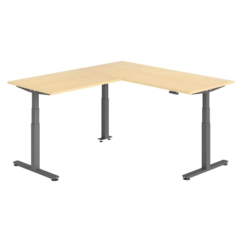 bümö Eckschreibtisch elektrisch höhenverstellbar L-Form: 180 x 200 cm in Ahorn, Gestell Graphit - Stehschreibtisch mit Memory-Steuerung, elektrischer XXL Schreibtisch für die Ecke von bümö