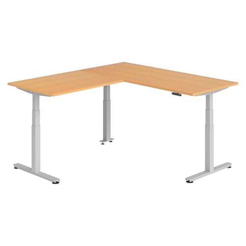 bümö Eckschreibtisch elektrisch höhenverstellbar L-Form: 180 x 200 cm in Buche, Gestell Silber - Stehschreibtisch mit Memory-Steuerung, elektrischer XXL Schreibtisch für die Ecke von bümö