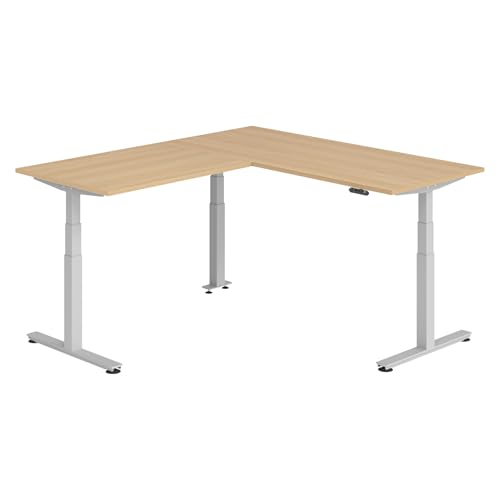 bümö Eckschreibtisch elektrisch höhenverstellbar L-Form: 180 x 200 cm in Eiche, Gestell Silber - Stehschreibtisch mit Memory-Steuerung, elektrischer XXL Schreibtisch für die Ecke von bümö