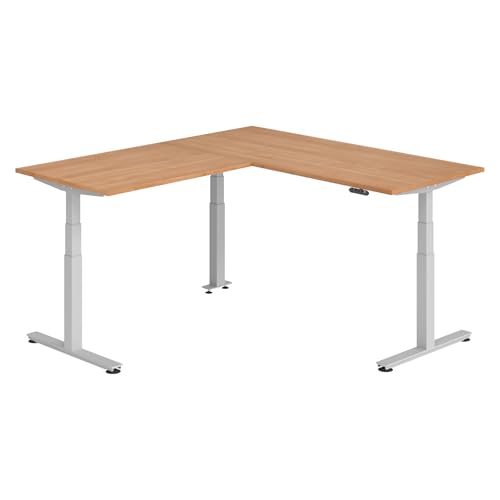 bümö Eckschreibtisch elektrisch höhenverstellbar L-Form: 180 x 200 cm in Nussbaum, Gestell Silber - Stehschreibtisch mit Memory-Steuerung, elektrischer XXL Schreibtisch für die Ecke von bümö