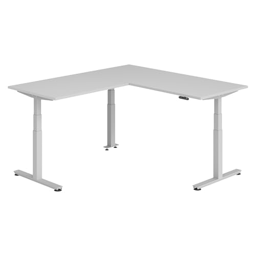 bümö Eckschreibtisch elektrisch höhenverstellbar L-Form: 180 x 200 cm in grau, Gestell Silber - Stehschreibtisch mit Memory-Steuerung, elektrischer XXL Schreibtisch für die Ecke von bümö