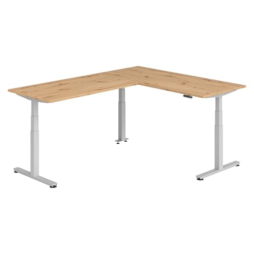 bümö Eckschreibtisch elektrisch höhenverstellbar L-Form: 180 x 240 cm in Asteiche, Gestell Silber - Stehschreibtisch mit Memory-Steuerung, elektrischer XXL Schreibtisch für die Ecke von bümö
