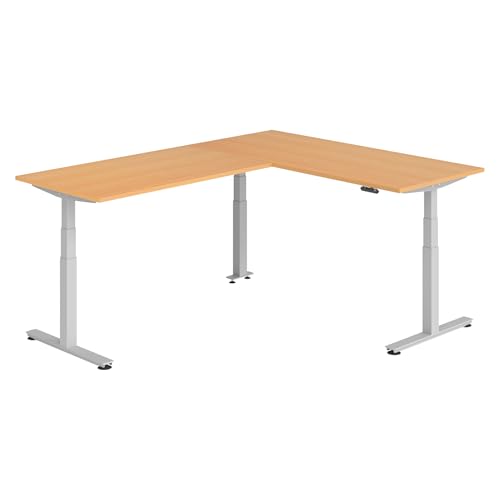 bümö Eckschreibtisch elektrisch höhenverstellbar L-Form: 180 x 240 cm in Buche, Gestell Silber - Stehschreibtisch mit Memory-Steuerung, elektrischer XXL Schreibtisch für die Ecke von bümö