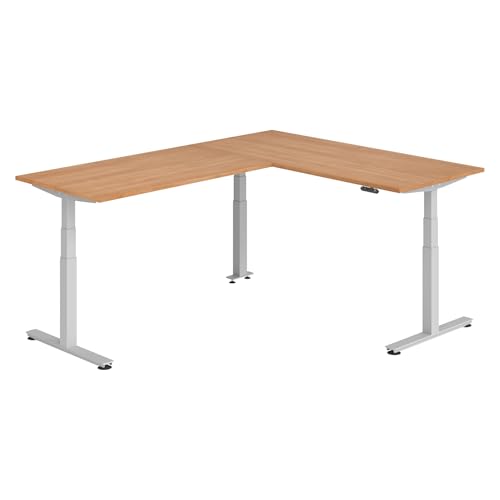 bümö Eckschreibtisch elektrisch höhenverstellbar L-Form: 180 x 240 cm in Nussbaum, Gestell Silber - Stehschreibtisch mit Memory-Steuerung, elektrischer XXL Schreibtisch für die Ecke von bümö