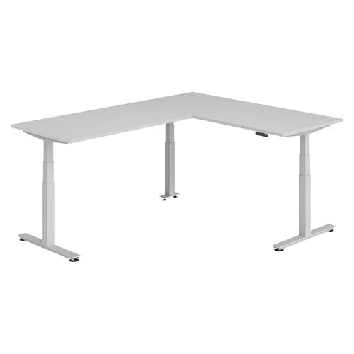 bümö Eckschreibtisch elektrisch höhenverstellbar L-Form: 180 x 240 cm in grau, Gestell Silber - Stehschreibtisch mit Memory-Steuerung, elektrischer XXL Schreibtisch für die Ecke von bümö