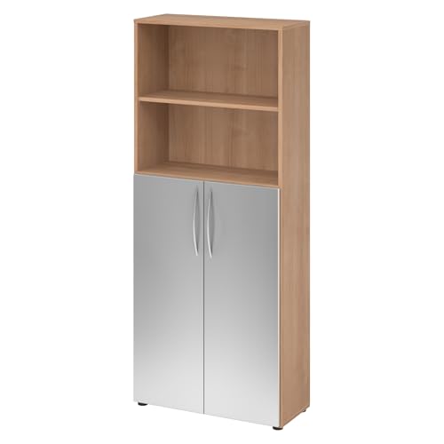 bümö Mehrzweckschrank 80cm breit, Aktenschrank o. Schuhschrank hoch, Regal Schrank-Kombi, Küchenschrank in Nussbaum/Silber aus Holz, Vorratsschrank & Haushaltsschrank mit Metallgriffen von bümö