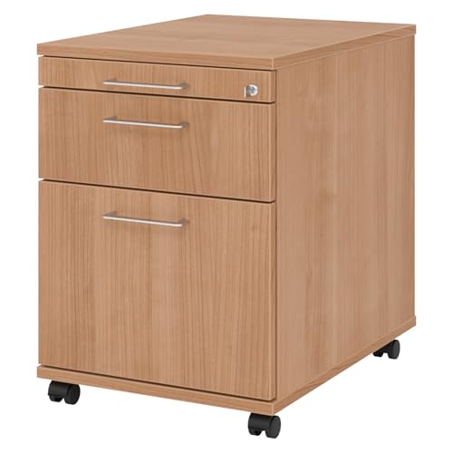 bümö Rollcontainer mit Hängeregistratur, Container abschließbar aus Holz in Nussbaum - Rollwagen für's Büro mit Hängeregister als Schreibtisch Unterschrank od. Bürocontainer m. Bügelgriffe von bümö