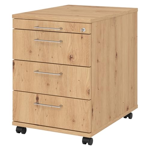 bümö Rollcontainer mit Schubladen, Container abschließbar aus Holz in Asteiche - Rollwagen für's Büro als Schreibtisch Unterschrank, Bürocontainer od. Schreibtischcontainer mit Bügelgriffe von bümö