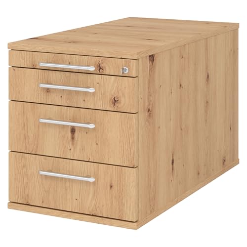 bümö Rollcontainer mit Schubladen, Container abschließbar aus Holz in Asteiche - Rollwagen für's Büro als Schreibtisch Unterschrank, Bürocontainer od. Schreibtischcontainer mit Relinggriffe von bümö