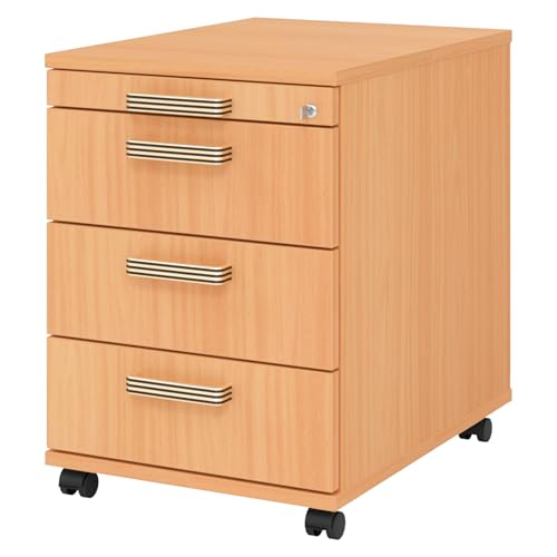 bümö Rollcontainer mit Schubladen, Container abschließbar aus Holz in Buche - Rollwagen für's Büro als Schreibtisch Unterschrank, Bürocontainer od. Schreibtischcontainer mit Streifengriffe von bümö