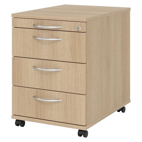 bümö Rollcontainer mit Schubladen, Container abschließbar aus Holz in Eiche - Rollwagen für's Büro als Schreibtisch Unterschrank, Bürocontainer od. Schreibtischcontainer mit Bogengriffe von bümö