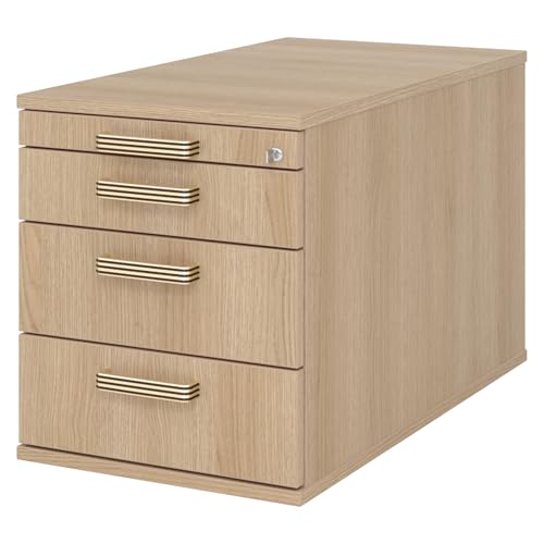 bümö Rollcontainer mit Schubladen, Container abschließbar aus Holz in Eiche - Rollwagen für's Büro als Schreibtisch Unterschrank, Bürocontainer od. Schreibtischcontainer mit Streifengriffe von bümö