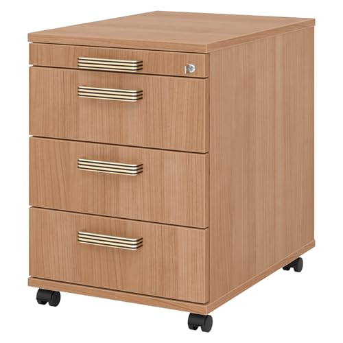 bümö Rollcontainer mit Schubladen, Container abschließbar aus Holz in Nussbaum - Rollwagen für's Büro als Schreibtisch Unterschrank, Bürocontainer od. Schreibtischcontainer mit Streifengriffe von bümö