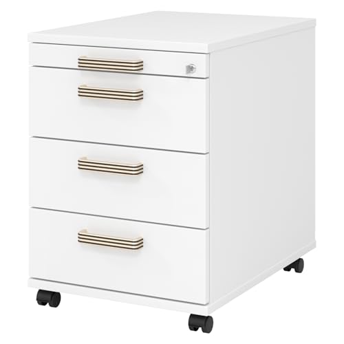 bümö Rollcontainer mit Schubladen, Container abschließbar aus Holz in Weiss - Rollwagen für's Büro als Schreibtisch Unterschrank, Bürocontainer od. Schreibtischcontainer mit Streifengriffe von bümö