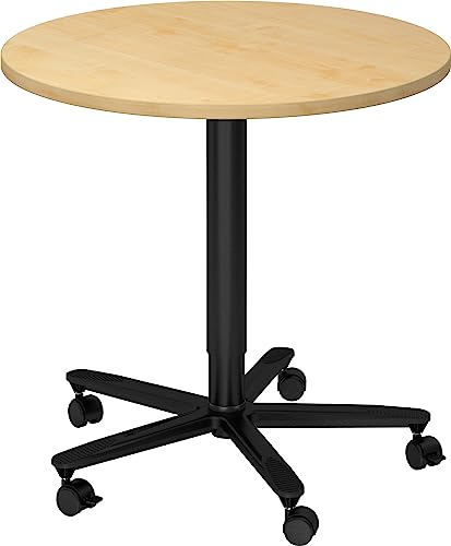 bümö Säulenhubtisch höhenverstellbar, Stehtisch Büro, Bistrotisch rund 80 x 80 cm - Besprechungstisch Ahorn, Stehtisch Holz-Platte, Säule aus Metall in schwarz, Säulentisch, Hochtisch von bümö