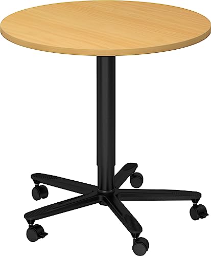 bümö Säulenhubtisch höhenverstellbar, Stehtisch Büro, Bistrotisch rund 80 x 80 cm - Besprechungstisch Buche, Stehtisch Holz-Platte, Säule aus Metall in schwarz, Säulentisch, Hochtisch von bümö